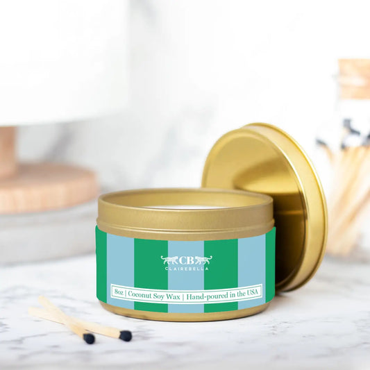 Blue/Green Stripe | Tropical Island Scent | Tin Candle